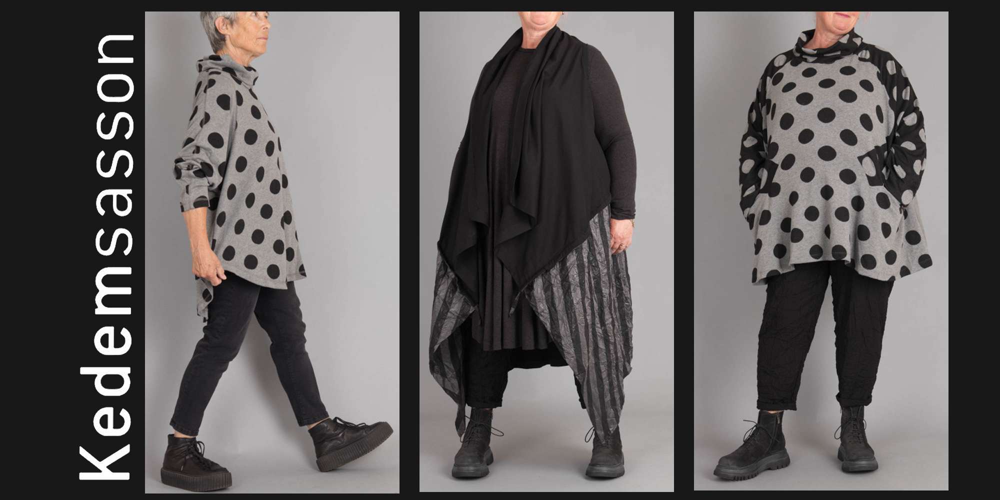 Kedem Sasson at Walkers.Style online women's fashion and clothing shop - Discover new Kedem Sasson AW22 Collection. We have oversized dramatic styles in soft jersey fabrics, checked fabrics, and a lovely striped fabric. Styles include oversized shirts, dresses, harem trousers and long jackets. 